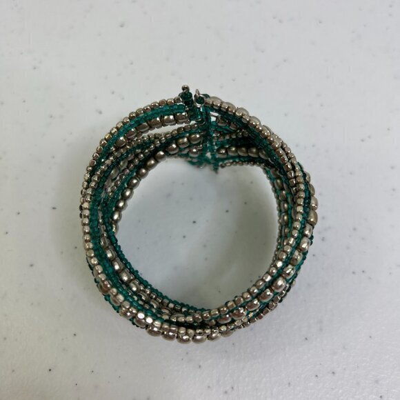 Blue Beaded Wrapped Cuff Flexible Braided Silver Tone Cuff Twist‎ Wire Boho - Picture 2 of 8